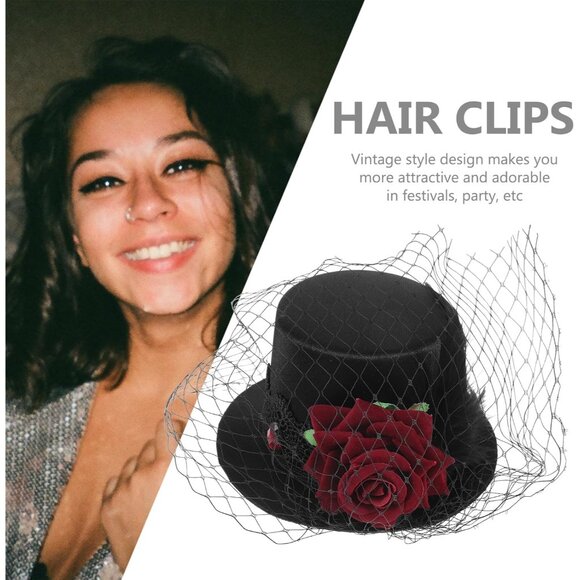 Mini Black Victorian Top Hat Satin Red Rose Veil Women Accessories - Picture 6 of 9